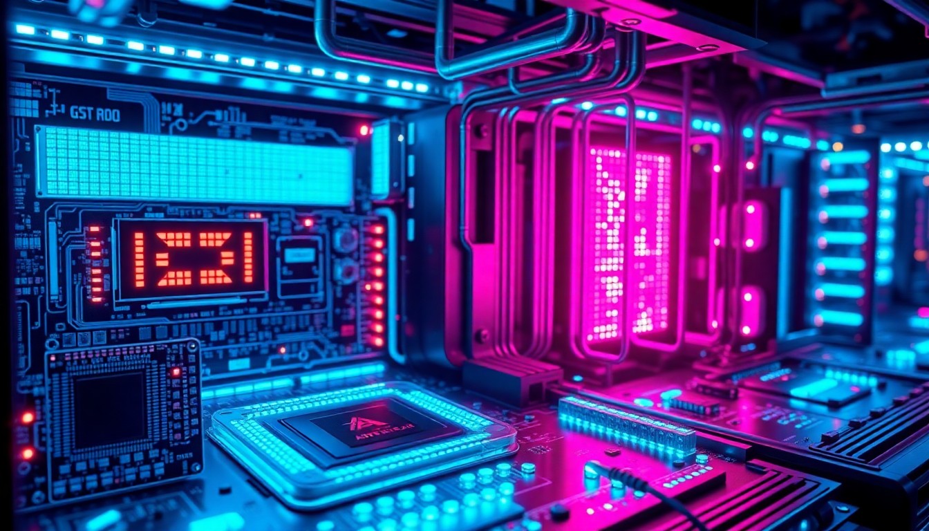 A highly detailed, 3D macro illustration of glowing, neon-lit AI hardware components and infrastructure, representing the technological backbone of xAI's AI models and systems. The image features recognizable physical tech elements like circuit boards, processors, and data cables illuminated by vibrant cyan and magenta lights, conceptually illustrating the company's efforts to rebuild its AI capabilities.