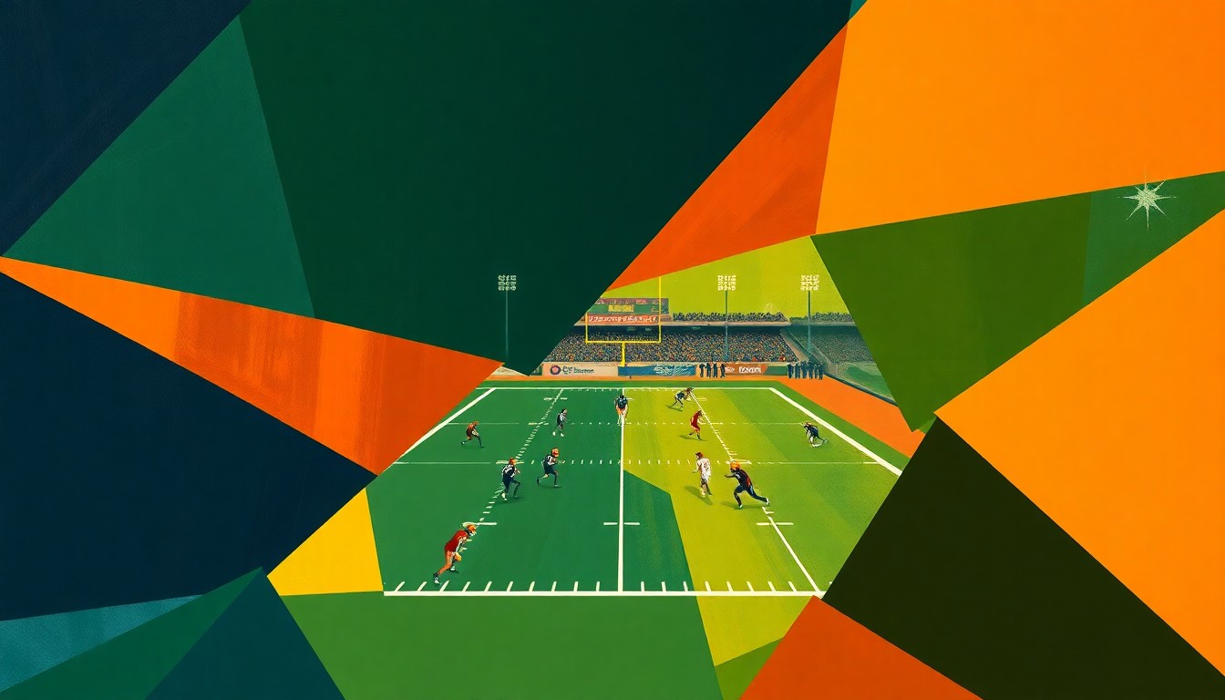 A cubist, geometric painting depicting a high school football game broken down into overlapping planes of navy, green, and orange, conveying the analytical power of XandOTeam's new platform.