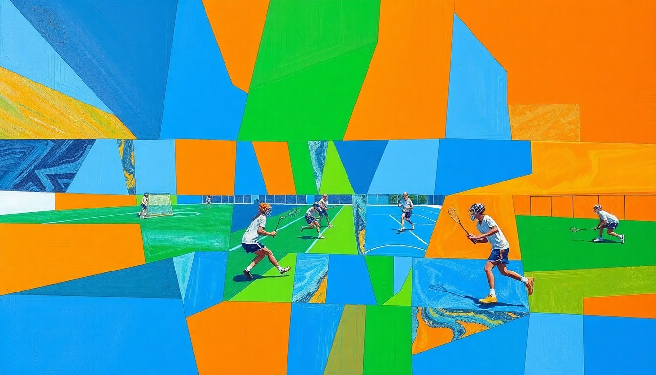 A cubist, geometric painting depicting the dynamic movements and energy of a high school lacrosse game, with sharp planes of color representing the players and ball.