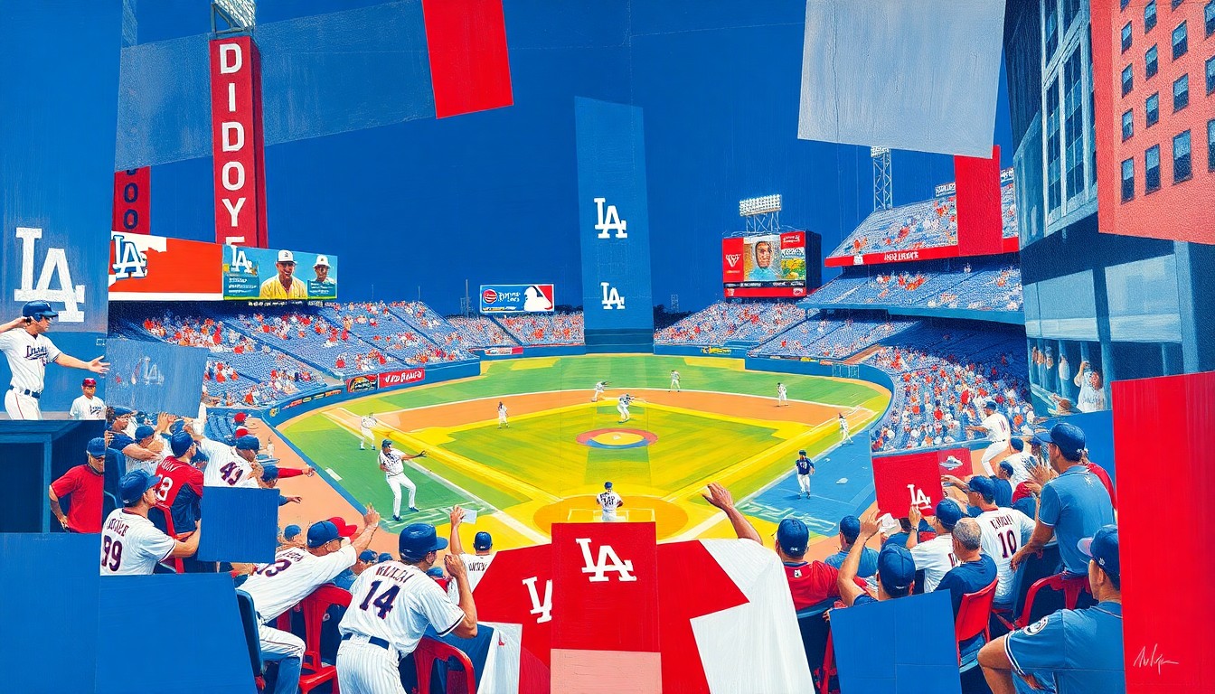 A fragmented, geometric painting in shades of blue, white, and red, depicting the motion and intensity of a baseball game, conceptually representing the legacy of Dodgers great Davey Lopes.