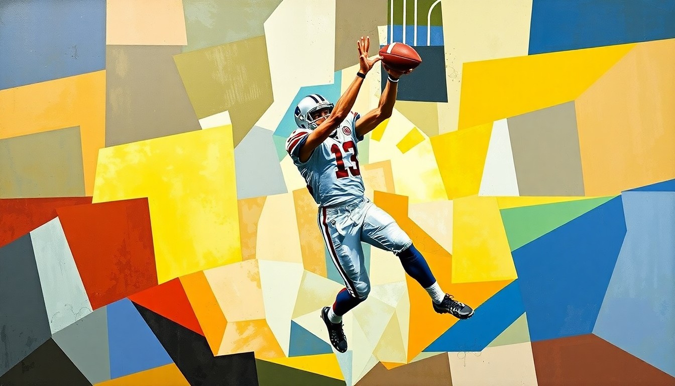 A cubist-style painting depicting a football player making a catch, with the figure broken down into sharp, overlapping geometric shapes in a range of colors.