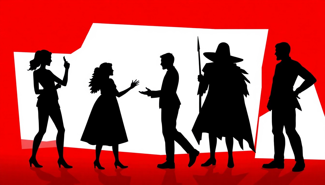 A dramatic black silhouette of two figures embracing, set against a stark red background, conceptually representing the emotional connection at the heart of the play 'Initiative'.