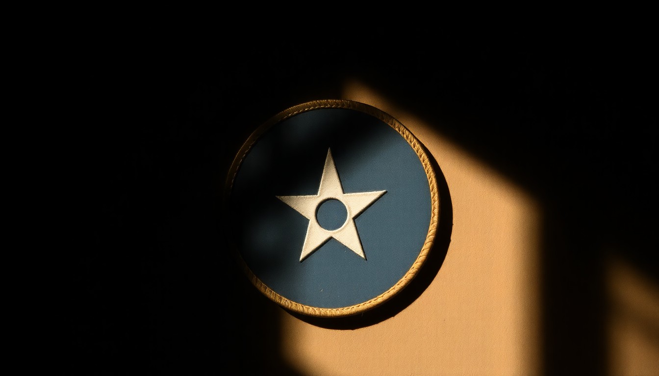 A close-up of a weathered, textured U.S. Air Force patch or insignia, with warm, dramatic lighting and deep shadows, conveying a sense of the gravity and uncertainty surrounding a covert military operation.