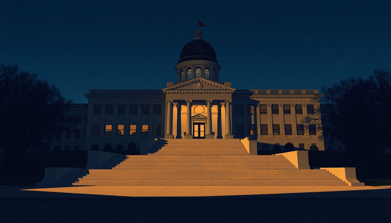 A dimly lit, cinematic painting of a state capitol building in muted, earthy tones, with long shadows across the steps, conveying a sense of quiet contemplation about the political changes ahead for the city of Buffalo.