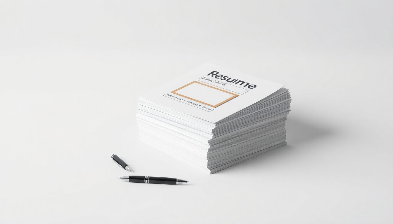 A minimalist studio still life photograph featuring a stack of neatly organized resumes, a pen, and a name tag arranged on a clean, monochromatic background, symbolizing the professionalism and preparation of job seekers.