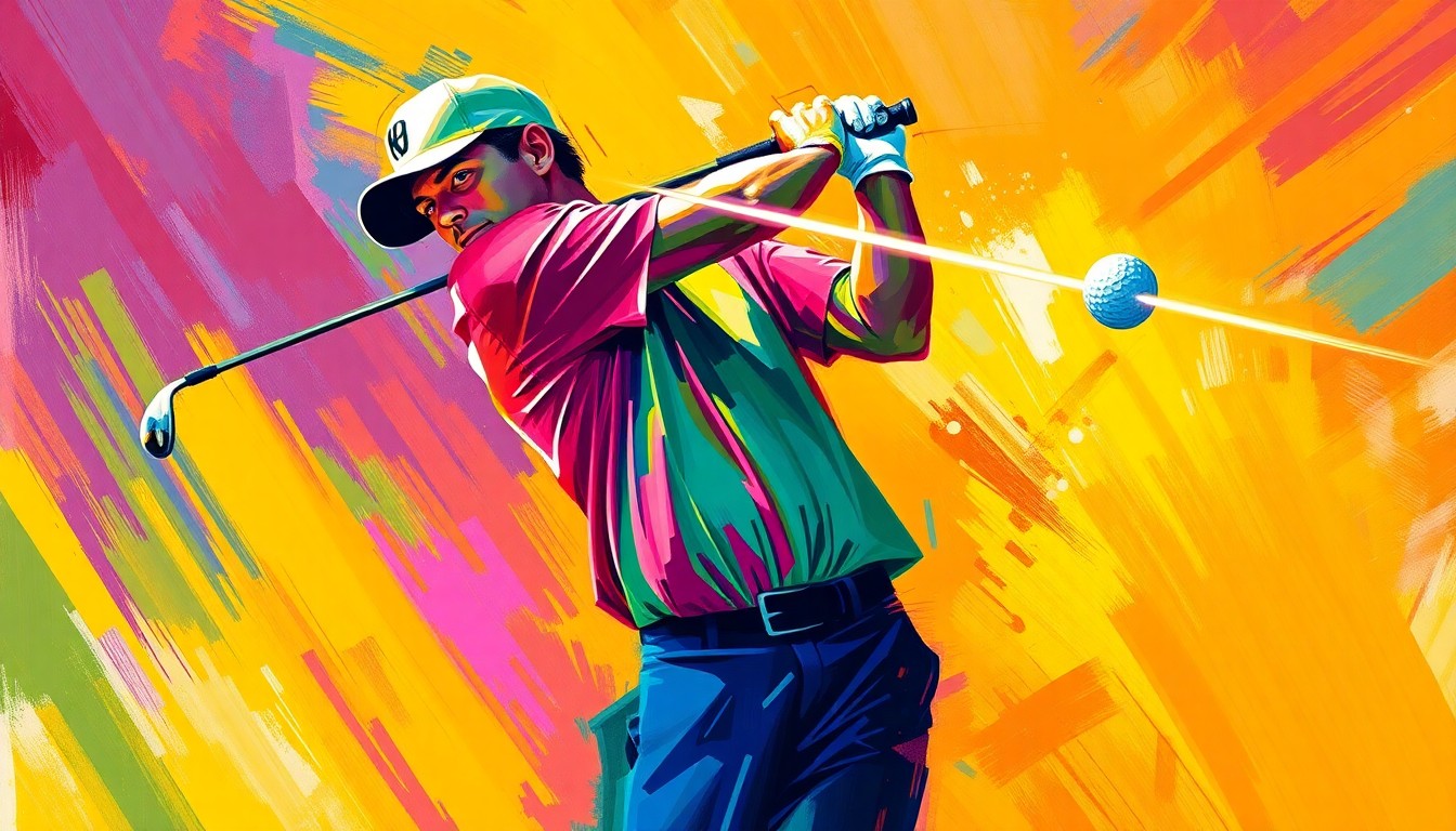 An abstract, expressionist painting depicting the dynamic motion of a golf swing, with the player's form blurred into a vibrant neon blur and the golf ball trailing a streak of light through the air.