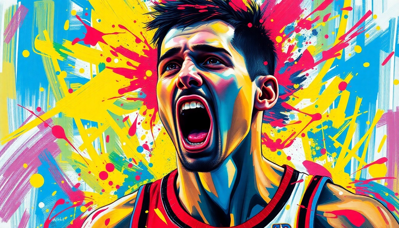 An abstract, energetic painting featuring vibrant neon brushstrokes in shades of blue, green, and orange, capturing the dynamic movement and skill of a basketball player in a state of athletic expression.