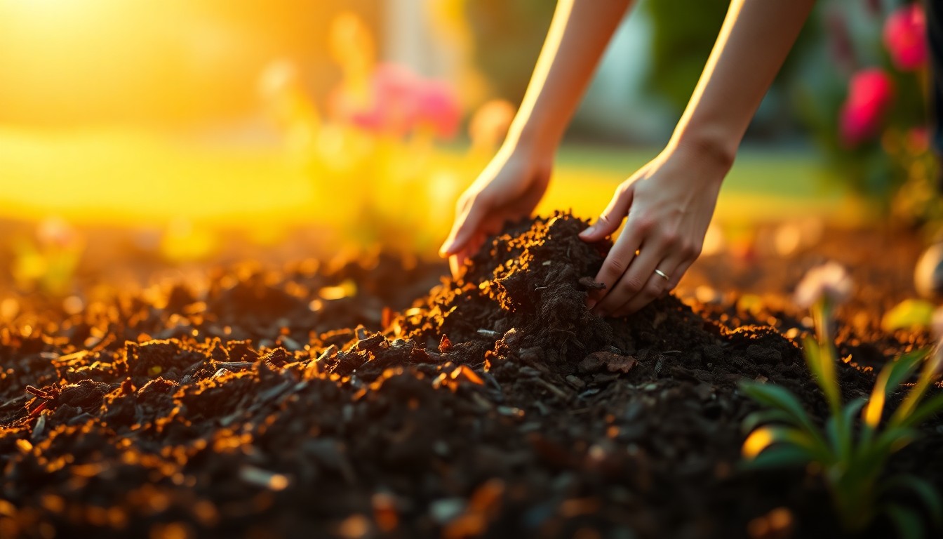 An extremely abstracted, out-of-focus photograph of a person's hands gently spreading mulch around a flower bed, with soft pools of warm color and light creating a dreamlike, atmospheric composition.