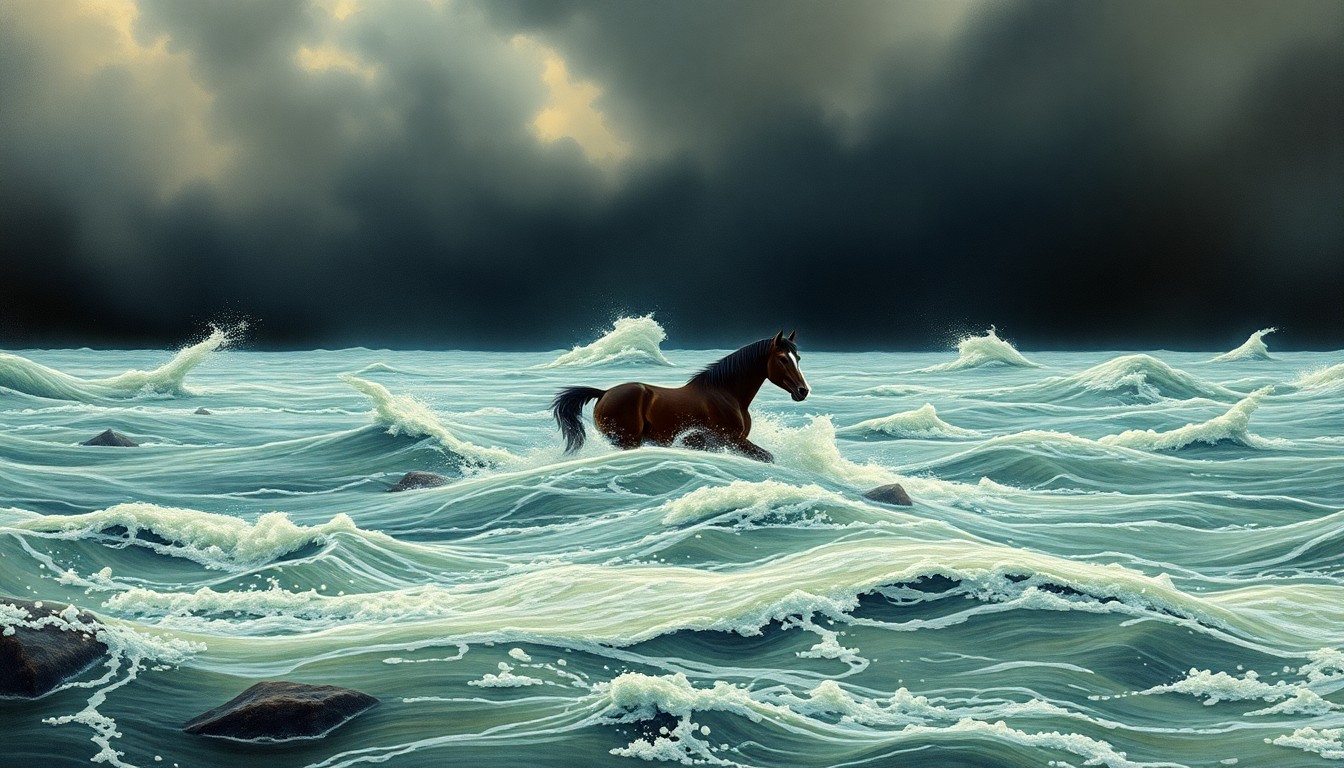 A vast, atmospheric landscape painting in muted tones of gray, blue, and green, with a small, partially obscured horse struggling through a raging torrent of floodwater. The scene conveys the overwhelming, sublime power of the natural disaster.
