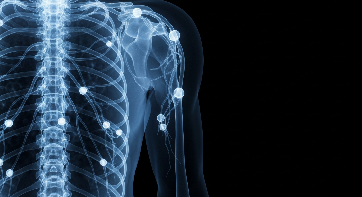 A ghostly, translucent X-ray photograph of the human lymphatic system, with a delicate network of glowing blue vessels and nodes against a dark background, symbolizing the importance of lymphatic health.