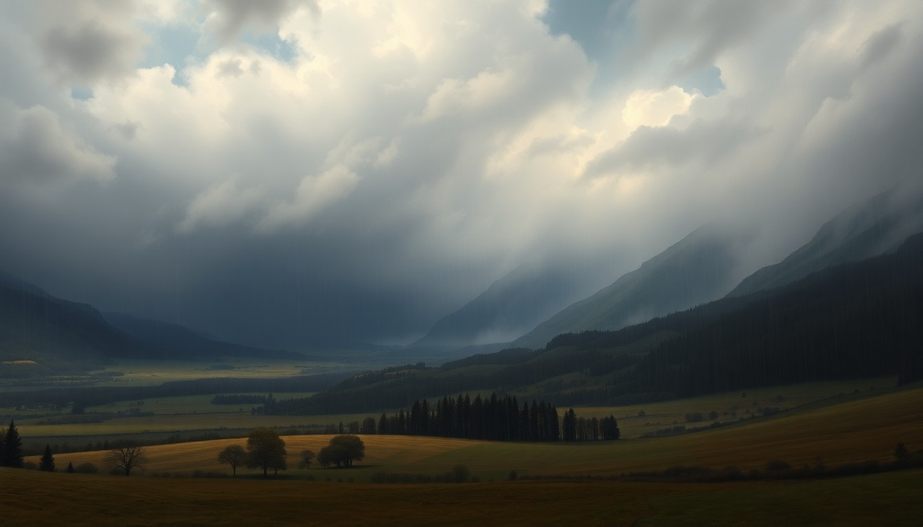 A vast, atmospheric landscape painting in muted tones of gray, blue, and green, capturing the sublime scale of a heavy rainstorm sweeping across a rural valley, with the distant mountains obscured by thick clouds.