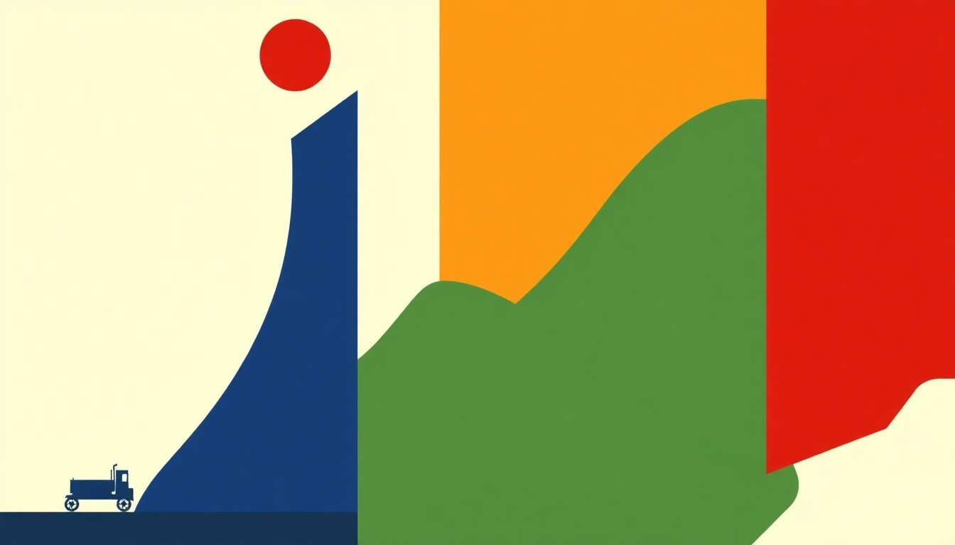 A minimalist Bauhaus-style illustration using primary-colored geometric shapes to conceptually represent the global economic and food security impacts of the Middle East war, including rising energy and food prices.