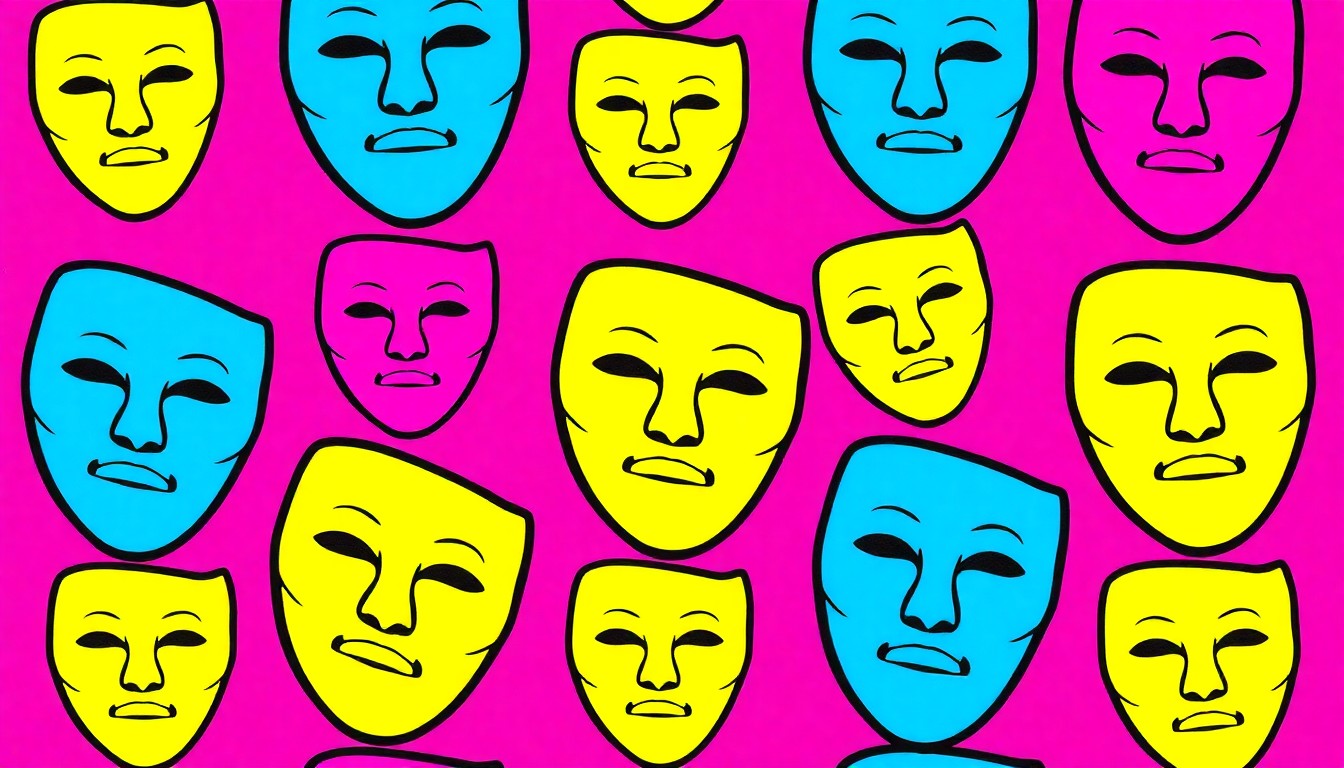 A brightly colored, high-contrast silkscreen print of a theater mask icon repeated in a tight grid pattern, representing the performing arts focus of the Clark Arts Center. The image uses vibrant neon colors like electric blue, hot pink, and highlighter yellow, with heavy black photographic outlines, creating a modern pop art aesthetic.