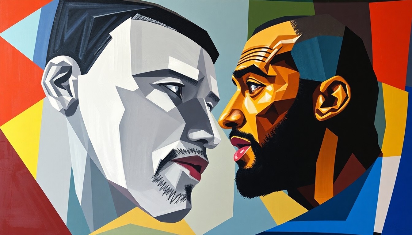 A fragmented, cubist-style painting depicting the moment of the Anthony Davis-Luka Dončić trade, with sharp geometric shapes and planes of color representing the chaos and confusion surrounding the unexpected deal.