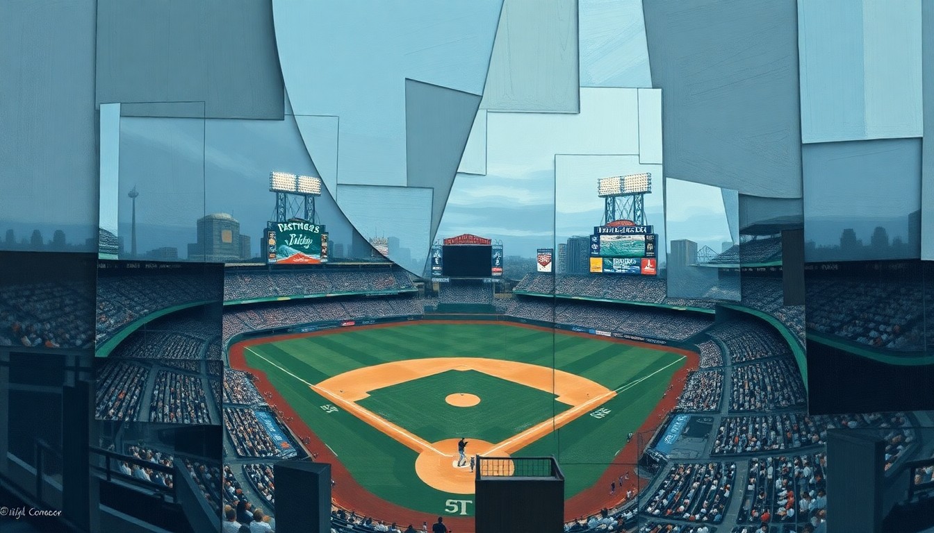 A cubist, geometric painting depicting a fragmented, multi-angled view of a baseball stadium, with players and field elements broken down into sharp, overlapping planes of muted blue, green, and grey tones, conceptually representing the public opposition to using taxpayer money for a new Rays ballpark.