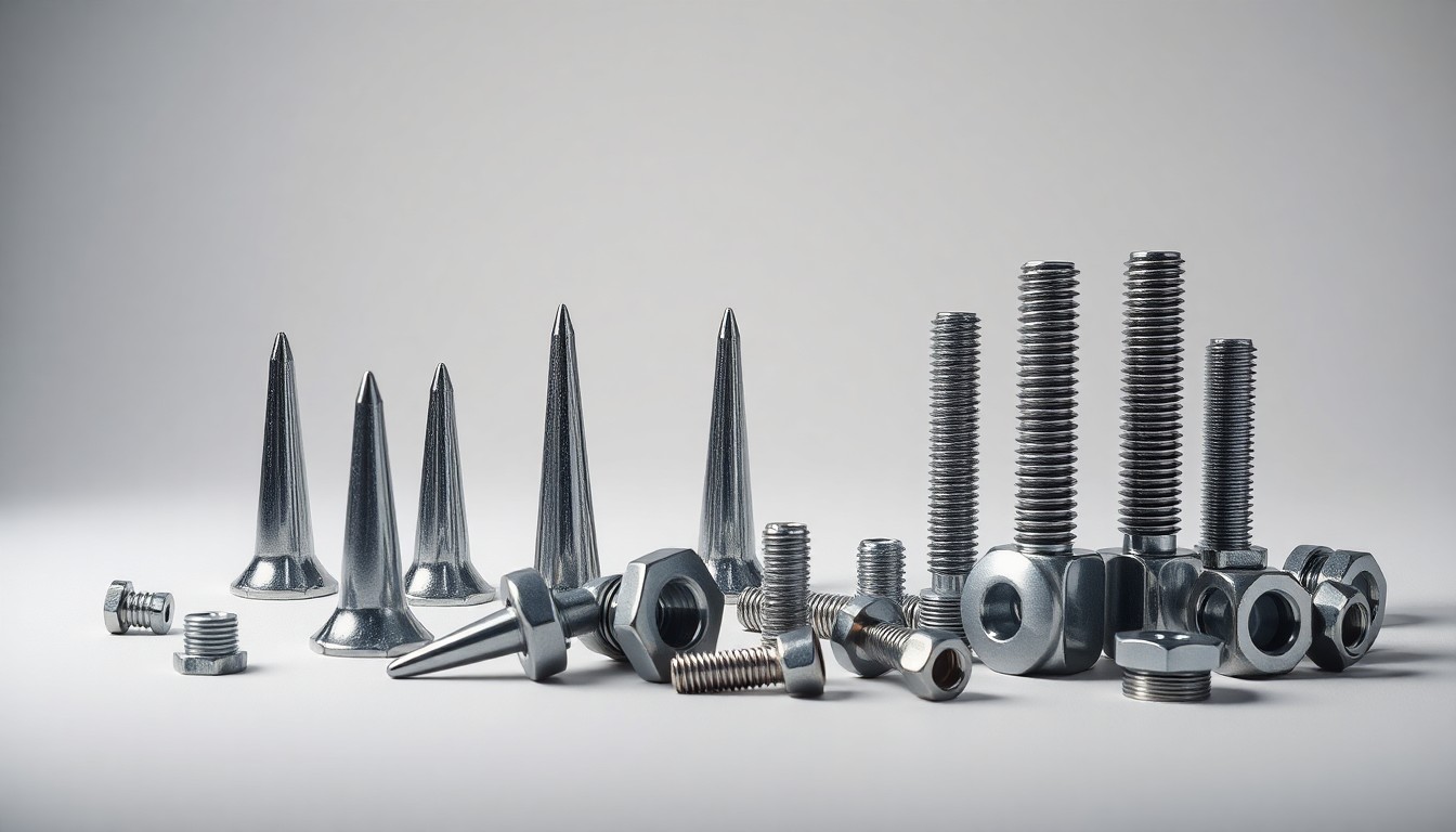 A high-end, photorealistic studio still-life photograph featuring a collection of polished metal railroad spikes, bolts, and nuts arranged elegantly on a clean, monochromatic background, conceptually representing the infrastructure and materials that will be used to renovate the East Bridge Street overpass in Elyria, Ohio.