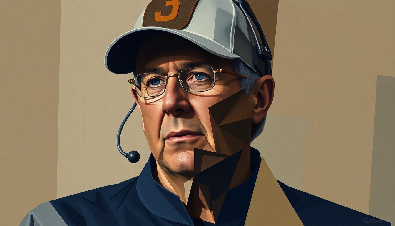 A cubist, geometric illustration depicting a football coach's head and shoulders broken down into sharp, overlapping planes of deep browns, greys, and navy blues, conveying a sense of fragmentation and distraction.