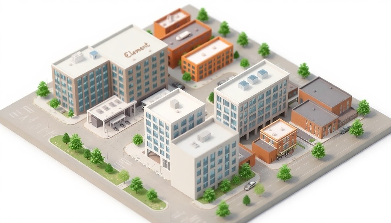A detailed, isometric 3D digital illustration depicting a miniature, stylized model of the Rock Row development in Westbrook, Maine, including the new Element by Westin hotel, residential buildings, and commercial spaces, all rendered in a clean, modern style with soft pastel colors and a birds-eye perspective.
