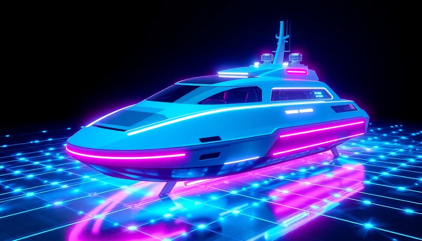 A highly detailed, glowing 3D illustration of an autonomous unmanned surface vessel with a sleek, futuristic hull illuminated by neon cyan and magenta lights, surrounded by a network of interconnected digital infrastructure representing the advanced technology powering this maritime autonomy system.