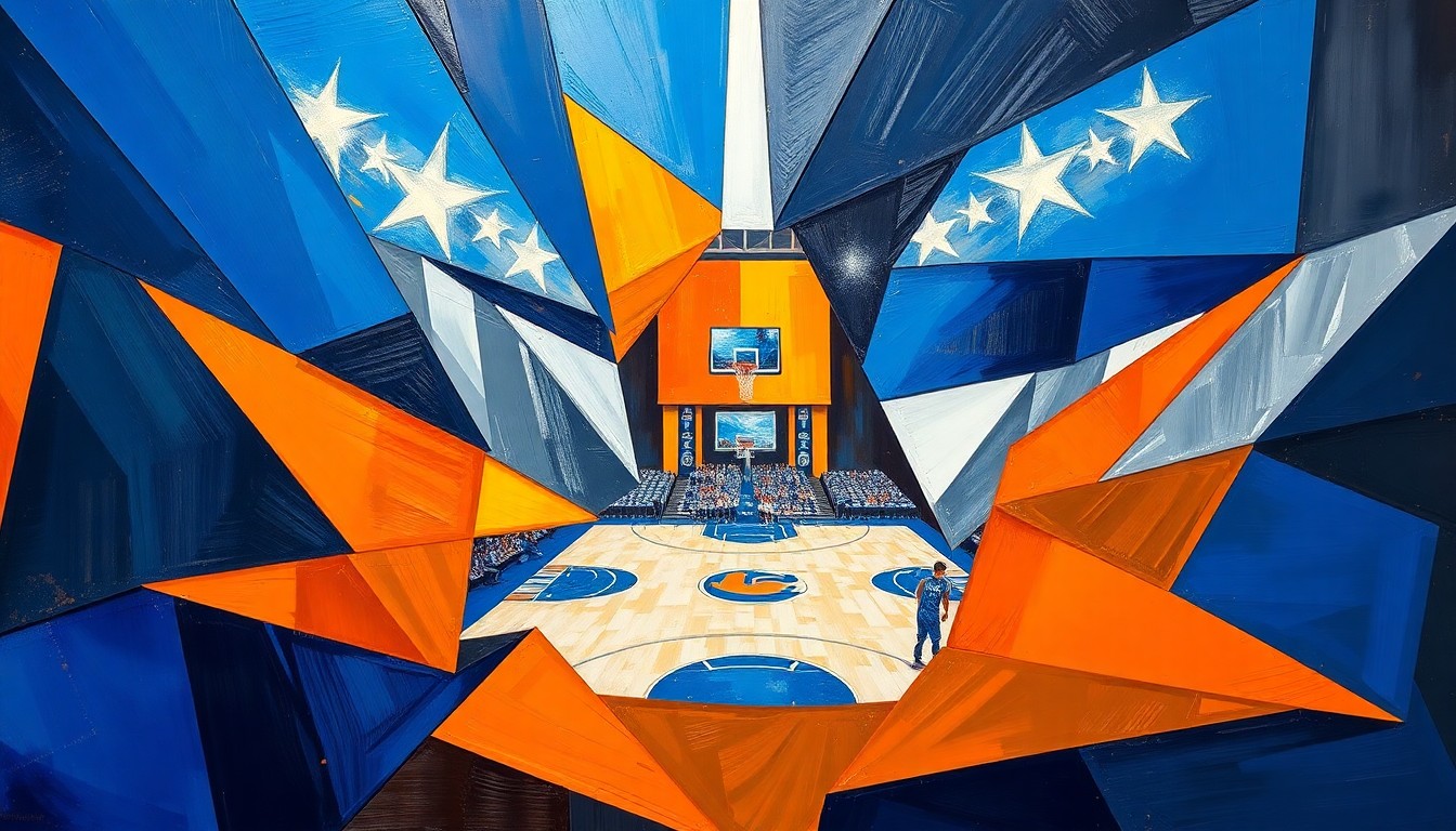A cubist, geometric painting depicting the chaotic energy of a college basketball game, with overlapping planes of royal blue, bright orange, and metallic silver shapes representing the players and action on the court.
