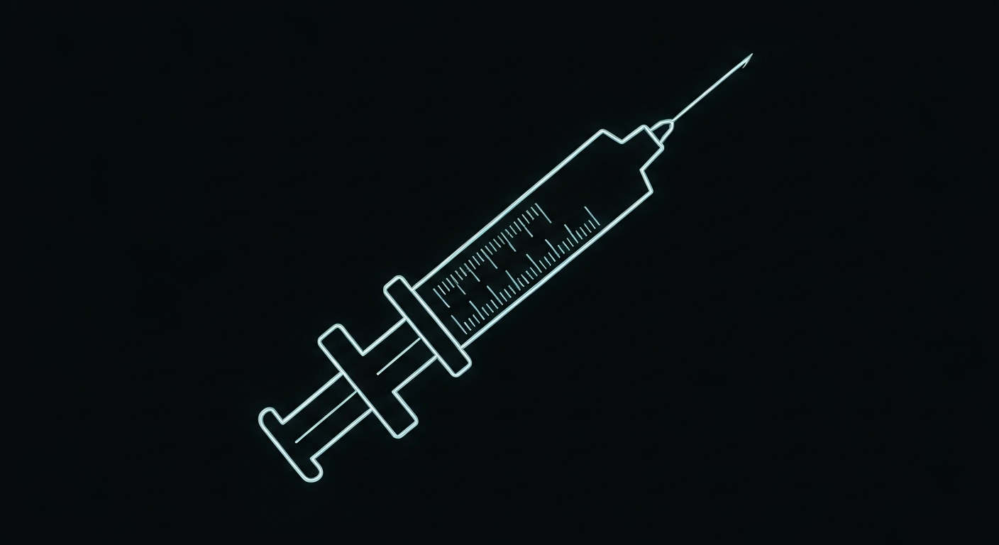A minimalist design in the style of Keith Haring where the outline of an insulin syringe is defined entirely by vibrant neon lines against a dark background, conceptually representing the integration of medical treatment and spiritual/community support for diabetes management.