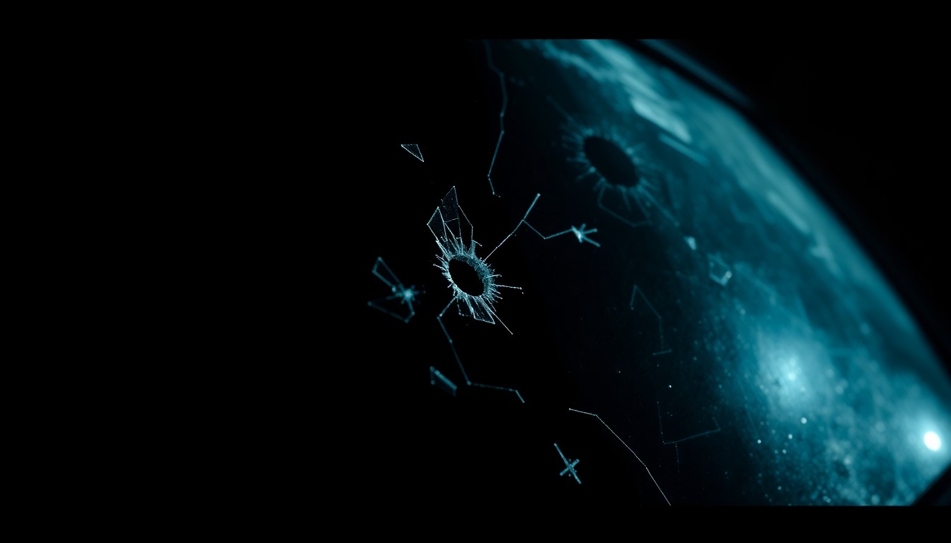 An extreme close-up photograph of a shattered car window with bullet holes, conceptually illustrating the aftermath of a violent police pursuit.