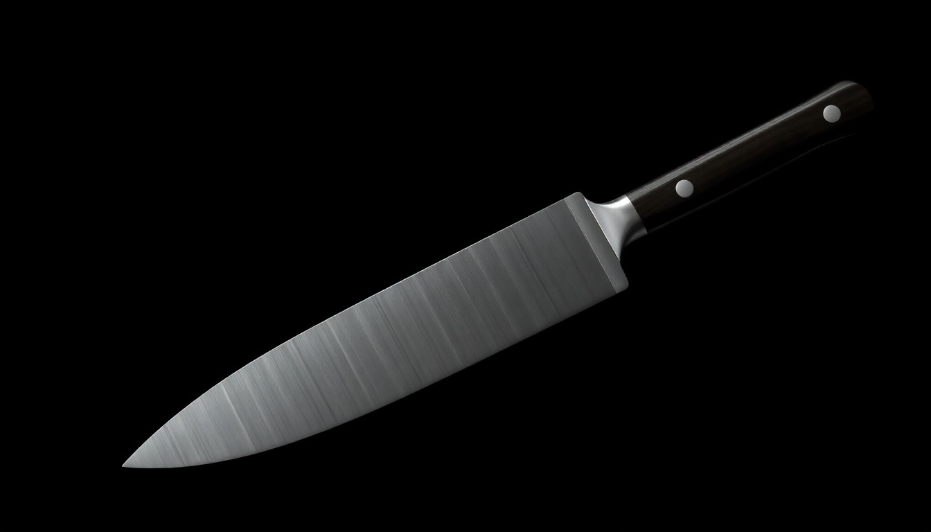 An extreme close-up photograph of a kitchen knife against a pitch-black background, lit by a harsh, direct camera flash, creating a stark, gritty, and investigative visual representation of the weapon used in a deadly restaurant stabbing.