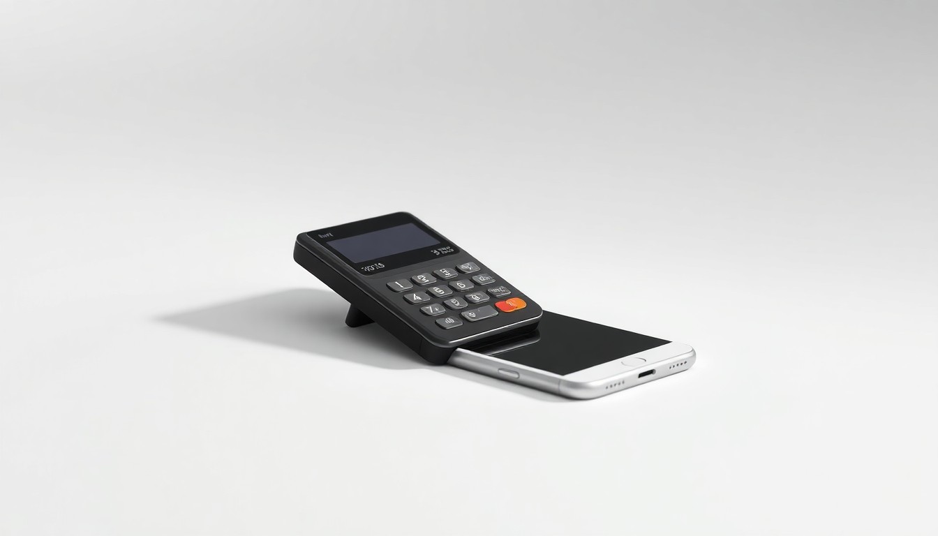 A high-end, photorealistic studio still-life photograph featuring a sleek, modern credit card reader and a stylized mobile phone arranged elegantly on a clean, monochromatic background, conceptually representing the integration of digital payment technology into banking services.