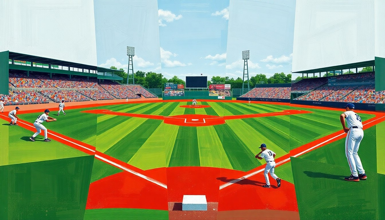 A fragmented, geometric painting depicting a high school baseball game, with overlapping planes of green, red, and white representing the field, dirt, and uniforms, conveying the intensity and movement of the game.
