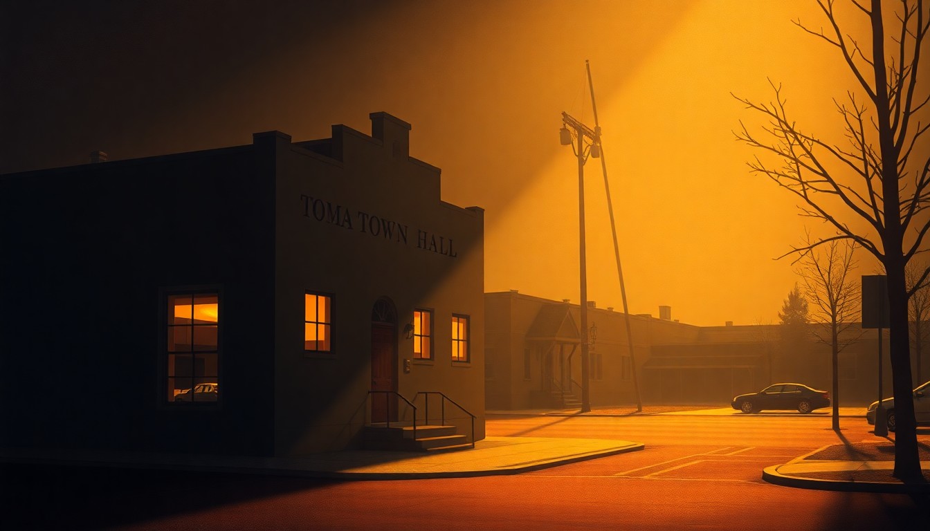 A serene, photorealistic painting of a small-town government building with a prominent clock tower, the facade bathed in warm, golden light and deep shadows, conveying a sense of civic pride and community.
