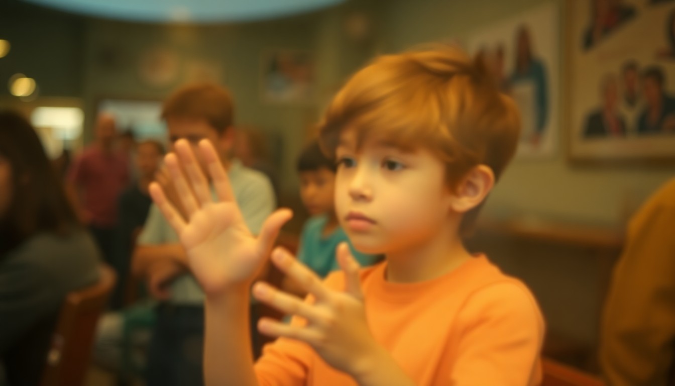 An extremely abstracted, out-of-focus photograph in warm tones showing the blurred silhouette of a person using sign language in a community setting, conceptually representing the expanded services for deaf and hard-of-hearing youth.
