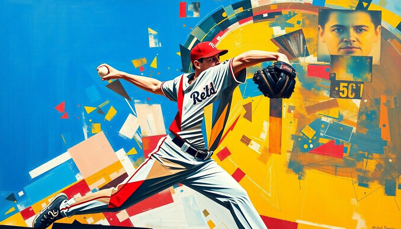 A fragmented, geometric painting depicting a baseball pitcher's motion, with sharp planes of vibrant colors like blue, red, and yellow, conceptually representing the power and precision of the Padres' breakout pitcher.