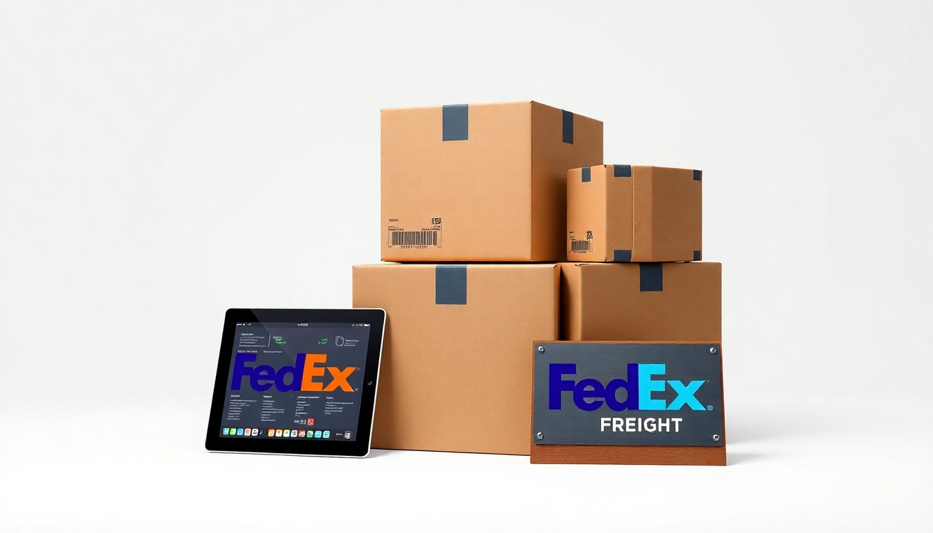 A minimalist studio still life featuring shipping boxes, a tablet displaying logistics data, and a FedEx Freight logo plaque, conceptually representing the core of the freight division's business as it prepares to go public.