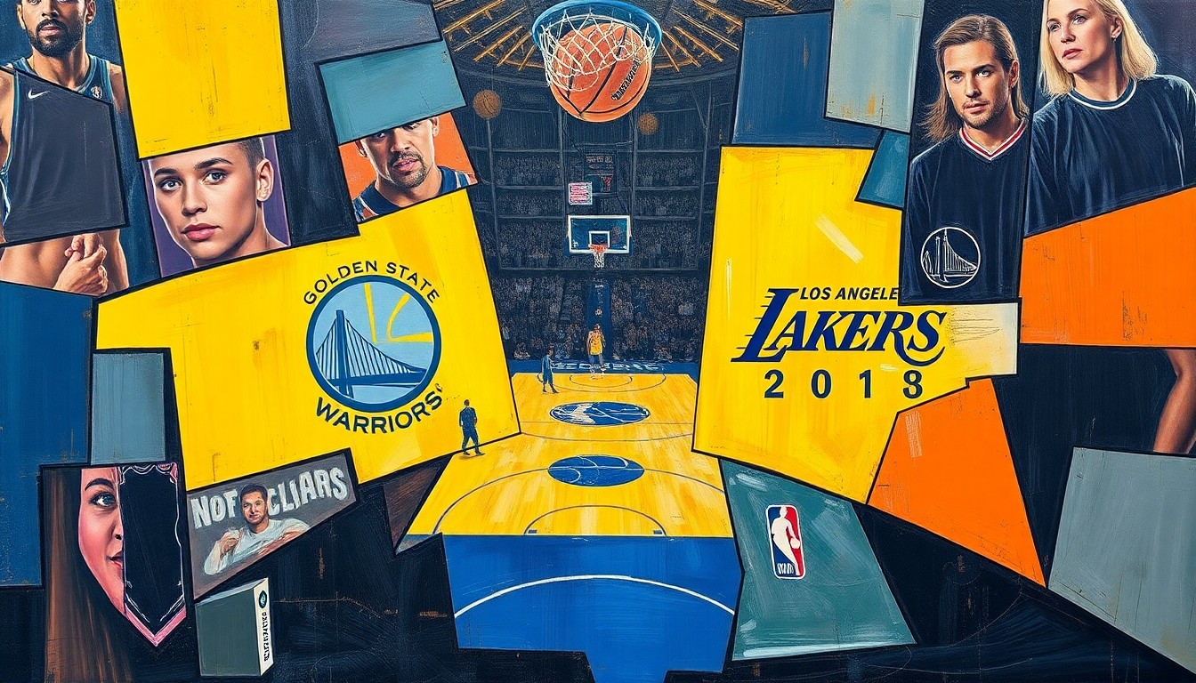 A cubist, geometric painting depicting a basketball game between the Golden State Warriors and Los Angeles Lakers, with the players and court broken down into sharp, overlapping shapes and planes of color.