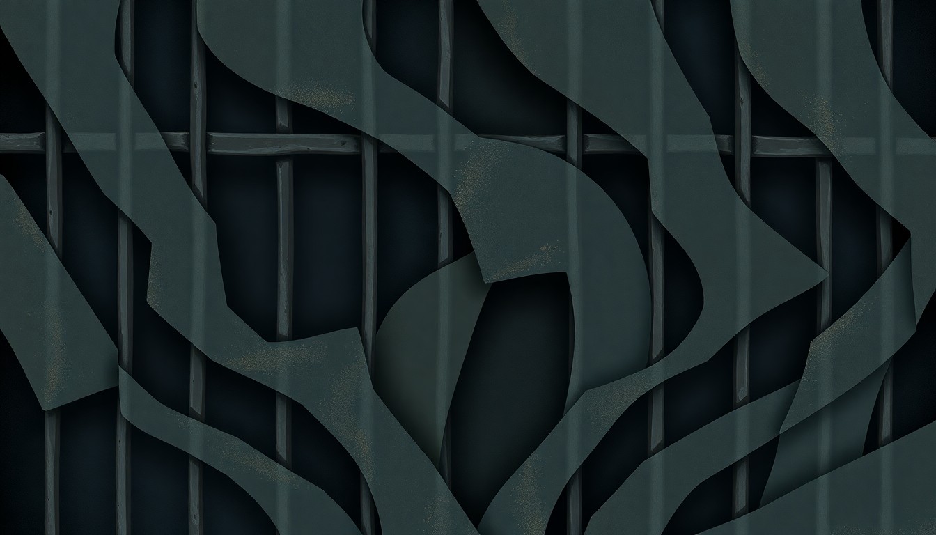 A heavily textured, fragmented painting of a metal gate or barred window, with overlapping geometric shapes in shades of grey, blue, and green, conceptually representing the opaque and restricted access at the Dilley detention facility.