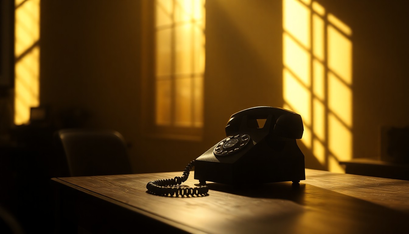 A close-up view of an old-fashioned desk phone sitting on a wooden desk, with the phone's surface reflecting warm, diagonal sunlight and deep shadows, creating a nostalgic, cinematic mood that conceptually represents the complex relationship between a city housing official and the mayor's office.