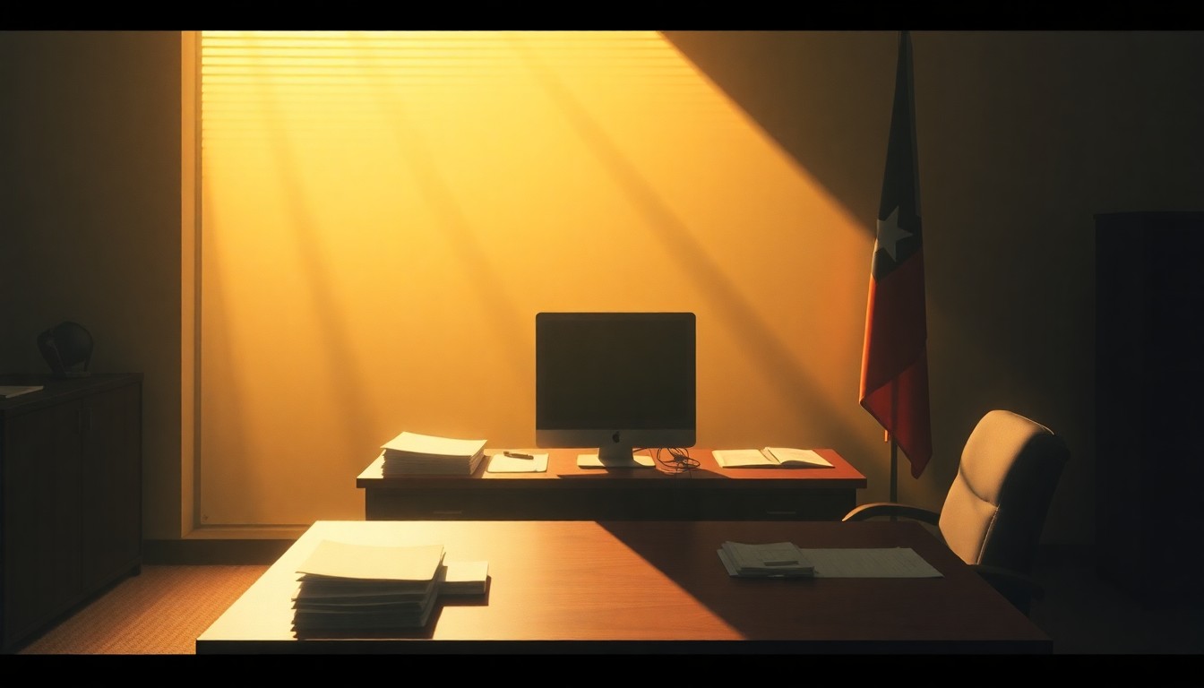 A dimly lit, cinematic painting of a government office desk with a computer, papers, and a Texas state flag, casting long shadows across the surface and walls, conveying a sense of quiet contemplation around the issue of government program fraud.