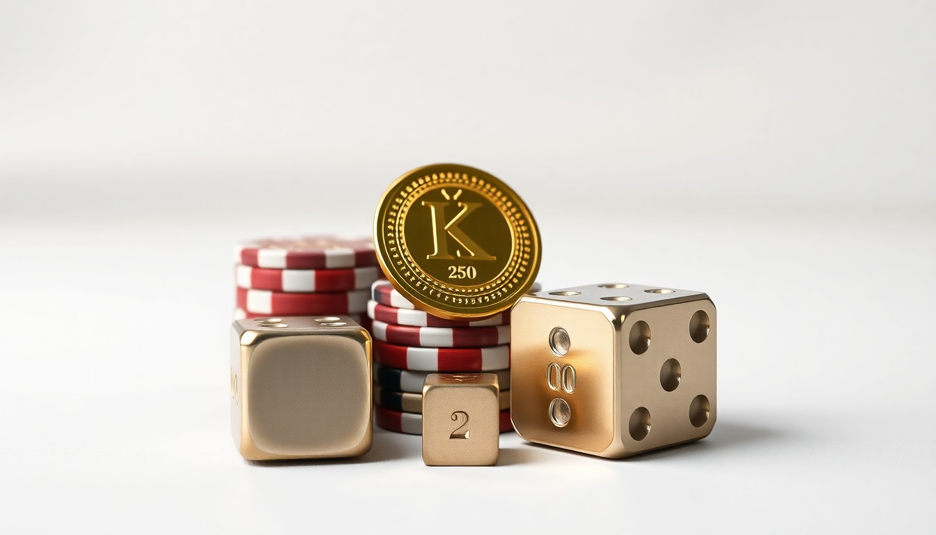 A photorealistic studio still life featuring a stack of casino chips, a gold-plated casino token, and a polished metal dice, conceptually representing the abstract corporate strategy and finance behind Golden Entertainment's transition to private ownership.