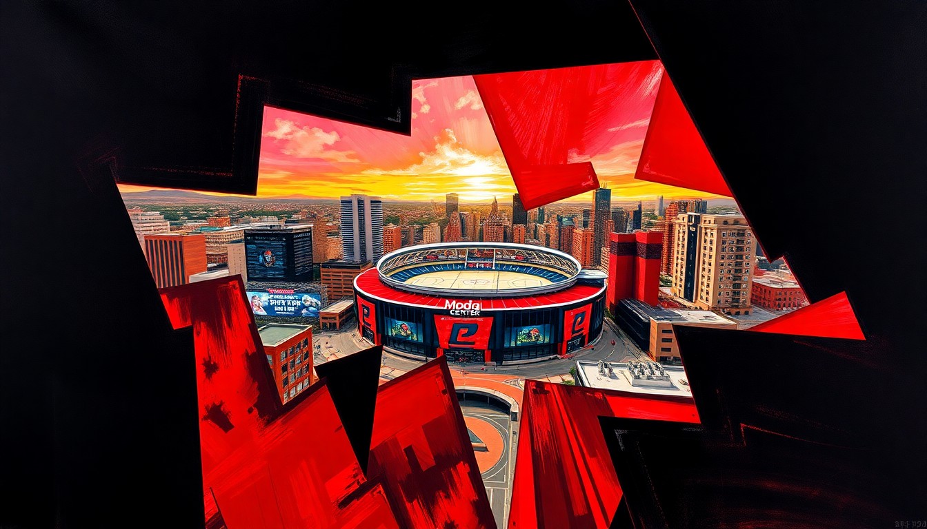 A fractured, geometric painting depicting the Moda Center arena and surrounding cityscape in a cubist style, using the team's colors of red, black, and white to capture the energy and dynamism of the upcoming renovations.