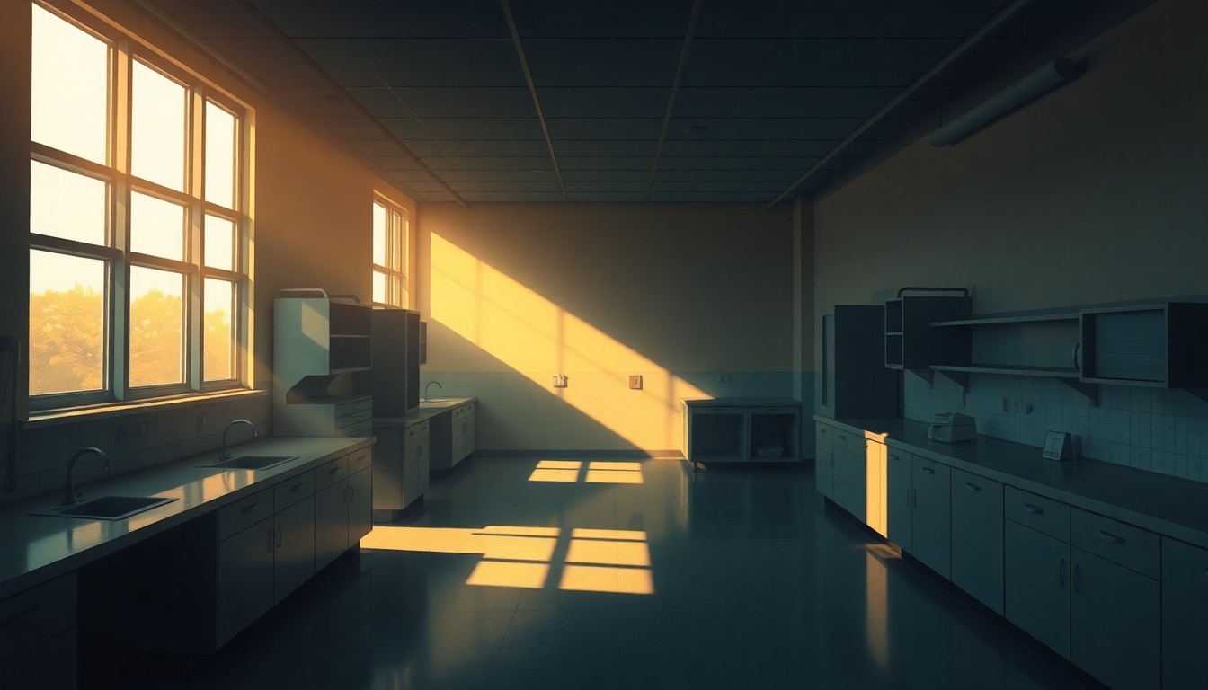 A dimly lit, nostalgic painting of a medical research laboratory or hospital ward, with soft natural light filtering in through windows and casting long shadows across the room, conveying a sense of quiet contemplation and the importance of the work being done within.