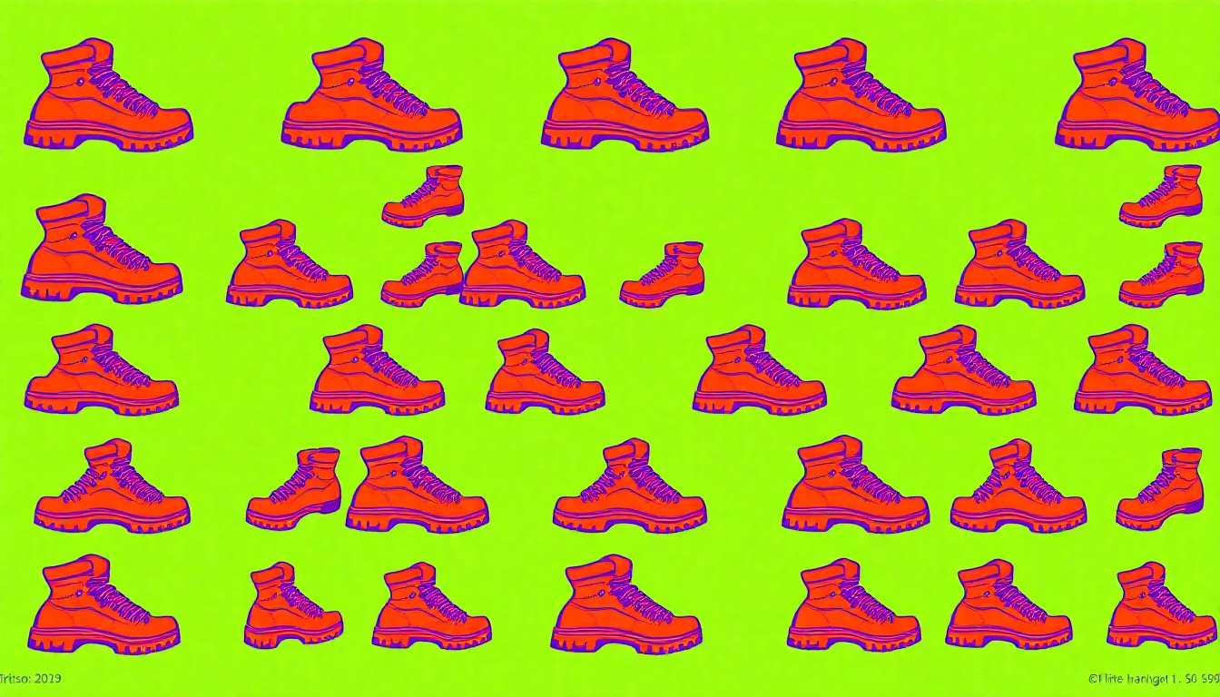 A vibrant, pop art-inspired illustration featuring a repeated pattern of a hiking boot in shades of green, blue, and orange, conveying the project's focus on outdoor recreation and community resilience.