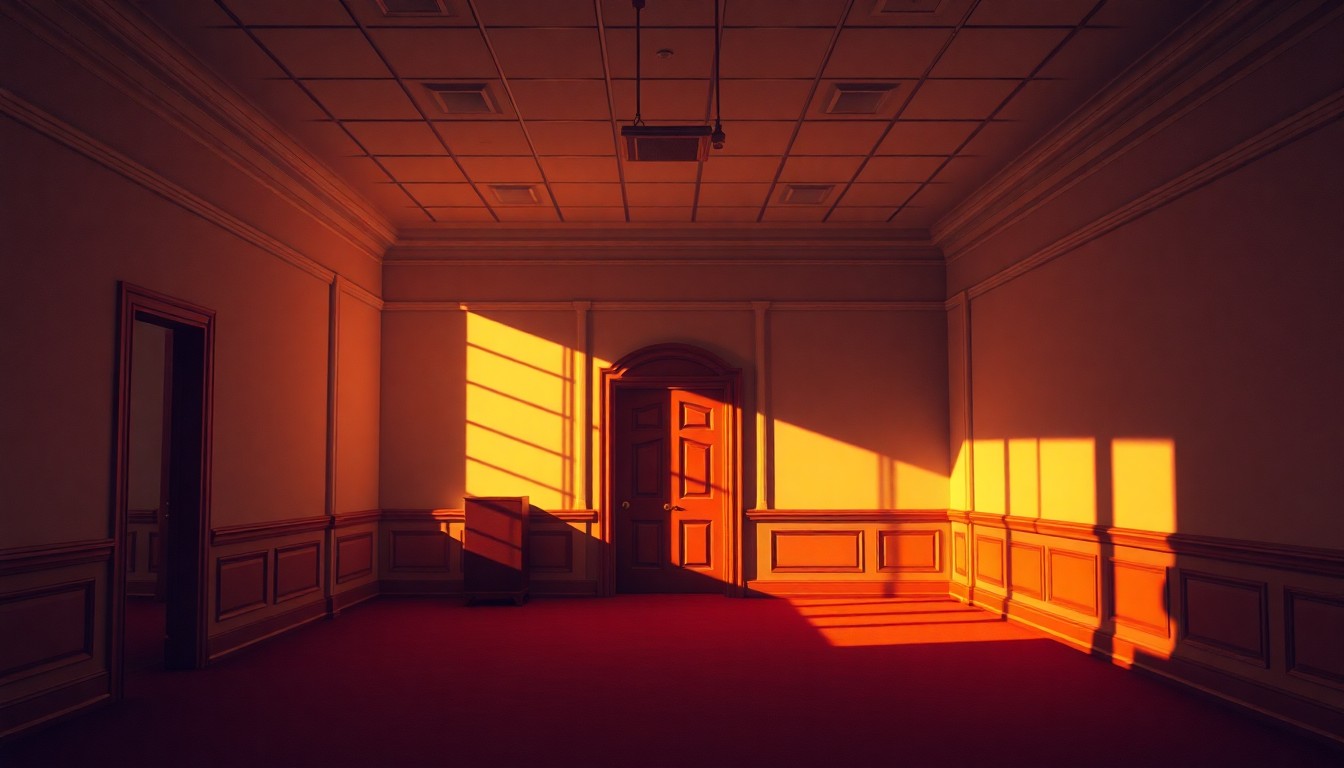 A dimly lit, cinematic interior scene of an empty government office, with warm sunlight streaming through the windows and deep shadows covering much of the room, creating a sense of uncertainty and transition around the political process.