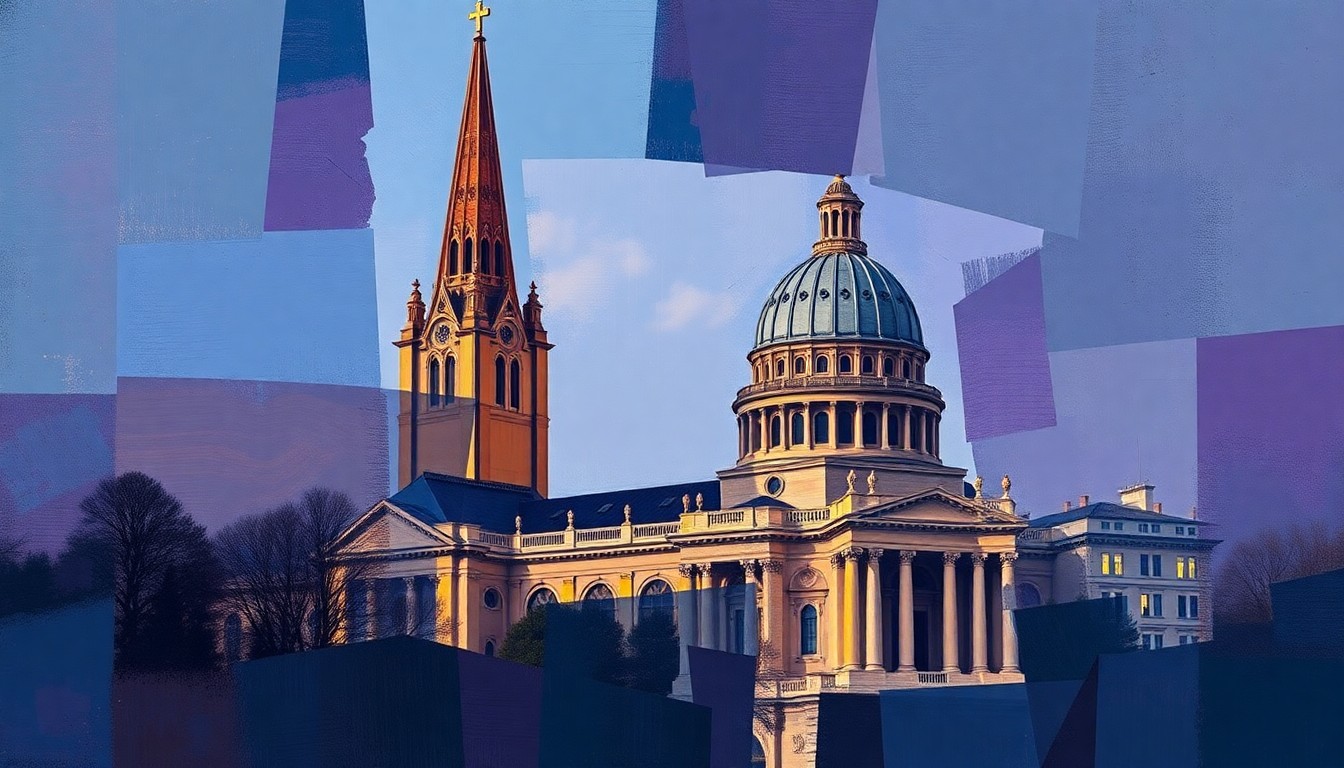 A dynamic, abstract painting featuring overlapping, geometric shapes in shades of blue, purple, and gold, representing the tension between Catholic Church leadership and the government.