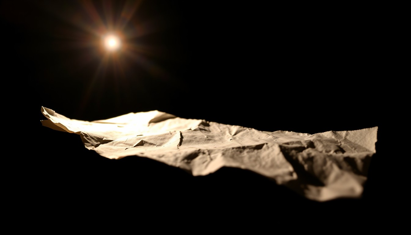 An extreme close-up photograph of a crumpled piece of paper, representing an anonymous, discarded clue related to the upskirt photography crime. The harsh, direct camera flash illuminates the rough texture and creases of the paper against a pitch-black background, creating a stark, gritty aesthetic.