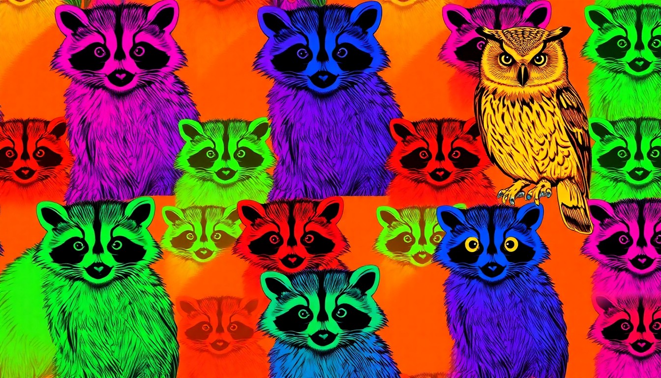 A bold, colorful silkscreen-style illustration featuring repeated images of a raccoon, opossum, and owl in a grid pattern, capturing the whimsical and educational nature of the mural celebrating Hattiesburg's nocturnal animals.