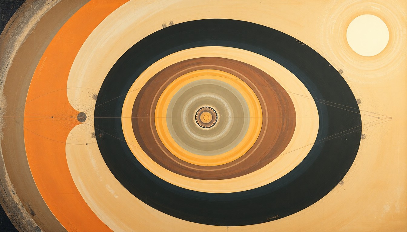 A bold, abstract painting in soft blues, greens, and grays, featuring sweeping geometric arcs, concentric circles, and precise spirals, conceptually representing the complex scientific data and insights gathered during the Artemis II moon flyby.