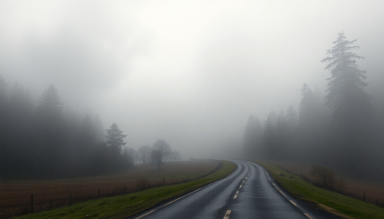 A vast, atmospheric landscape painting in muted tones, with a heavy fog obscuring the details of a rural road winding through a wooded area, conveying a sense of melancholy and the overwhelming power of nature.