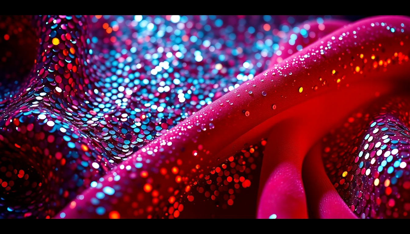 An extreme close-up photograph showcasing the luxurious, glittering textures of a country music performance, such as sequins, velvet, and shattered disco glass, captured in a dramatic, high-contrast studio lighting setup to create a vibrant, high-fashion aesthetic.