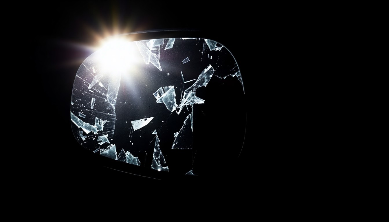An extreme close-up of a shattered car side mirror, reflecting a faint glow of light, conceptually illustrating the aftermath of a serious vehicular incident.