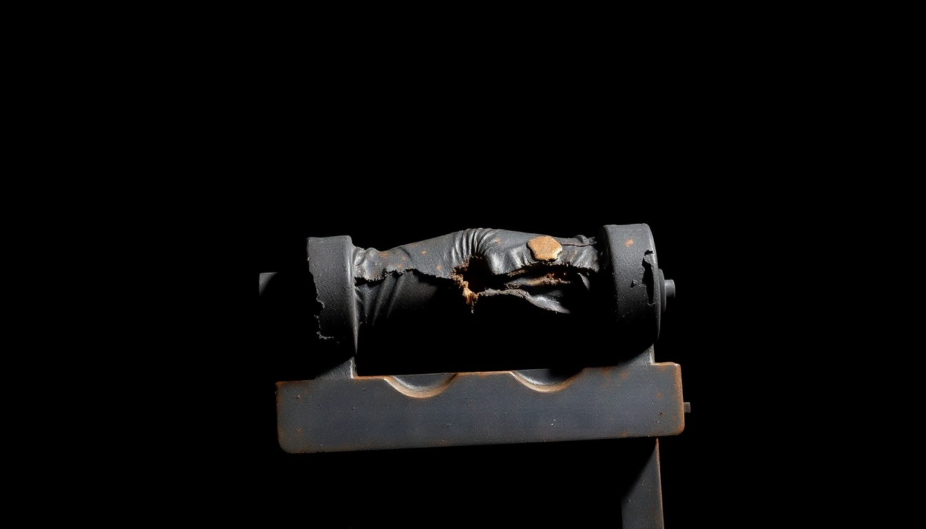An extreme close-up photograph of a twisted, damaged forklift part or component against a pitch-black background, conceptually illustrating the aftermath of a construction accident caused by equipment failure.